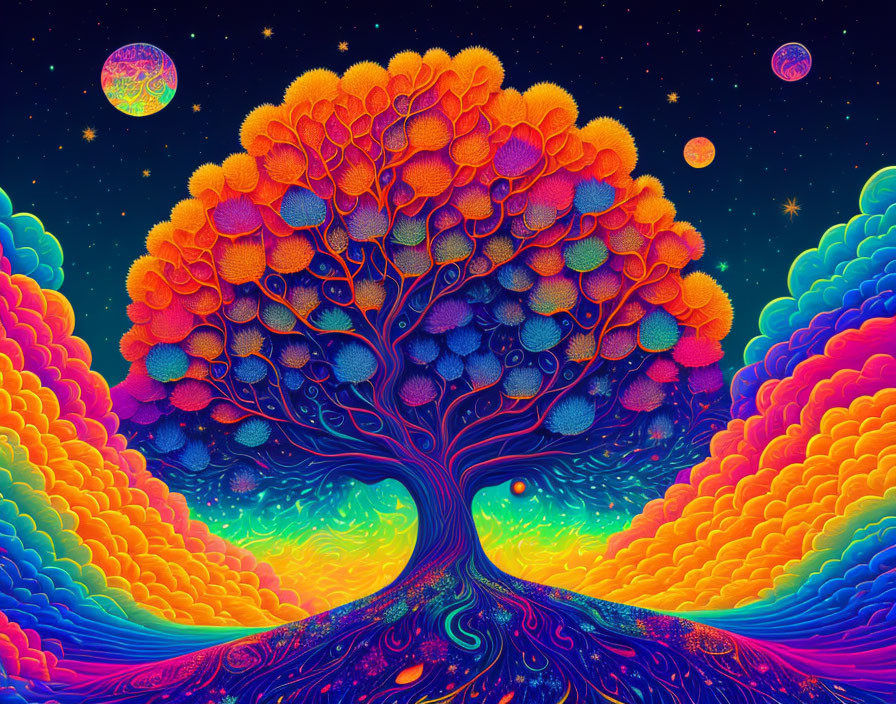 Colorful Tree Artwork Against Starry Sky with Planets and Swirling Landscape