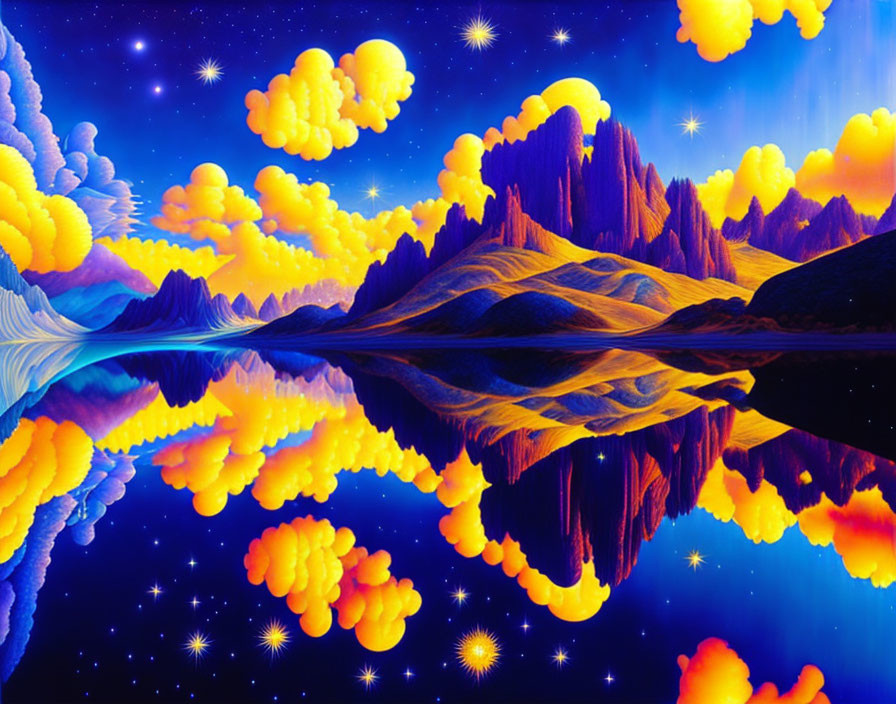 Colorful Surreal Mountains Reflecting Starry Sky in Tranquil Water