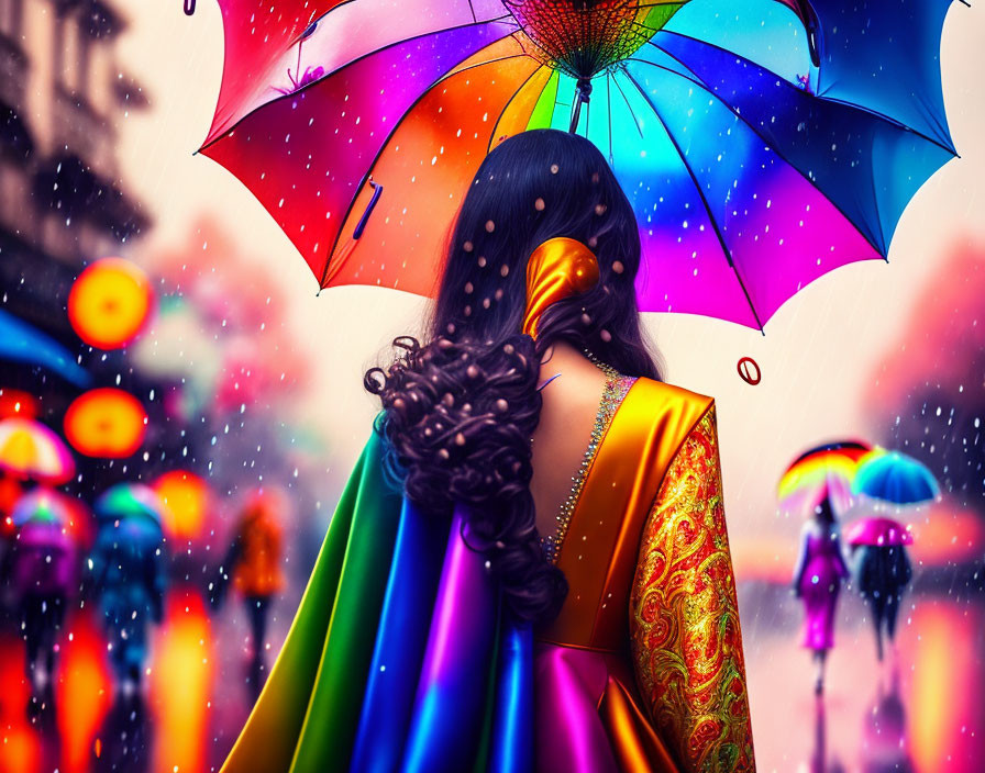 Curly-haired woman in vibrant sari with colorful umbrella in whimsical scene