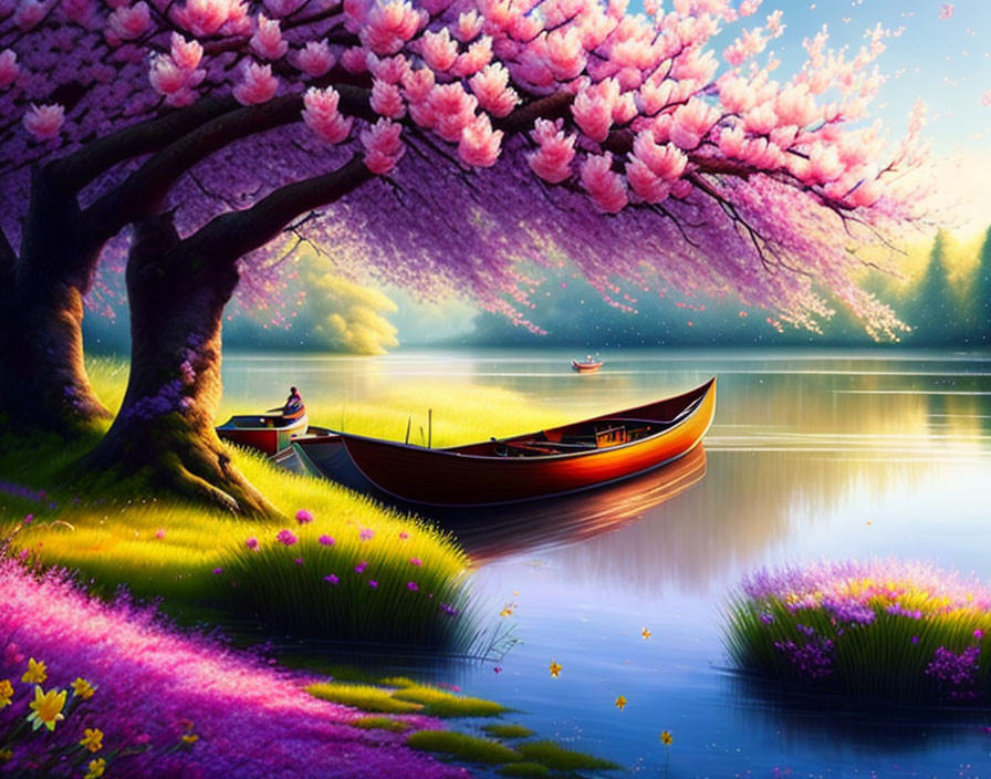 Colorful pink trees by serene lake with boats under twilight sky