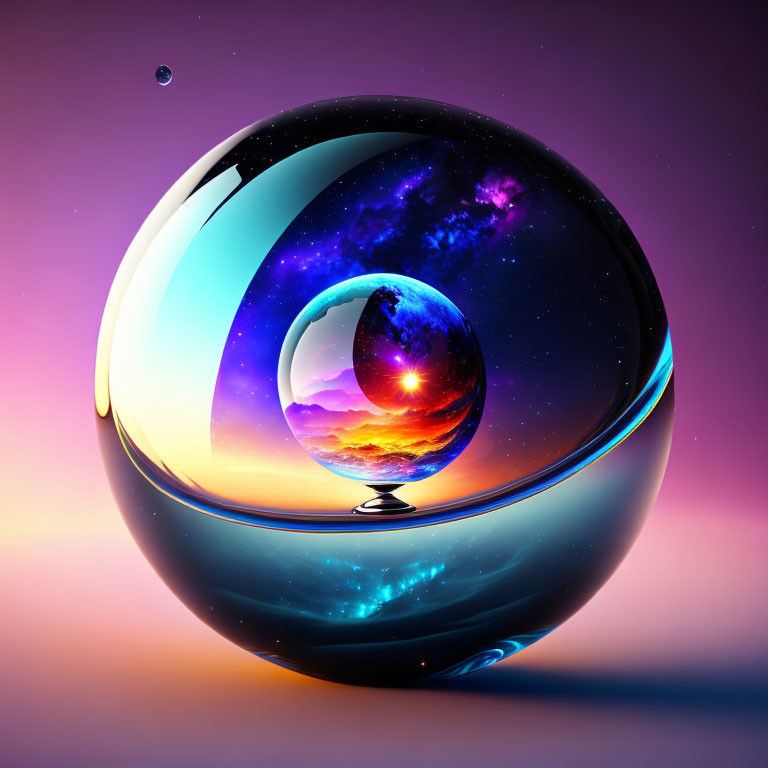 Digitally-created image of glossy spherical shapes with space and sunset skies reflected on gradient purple background