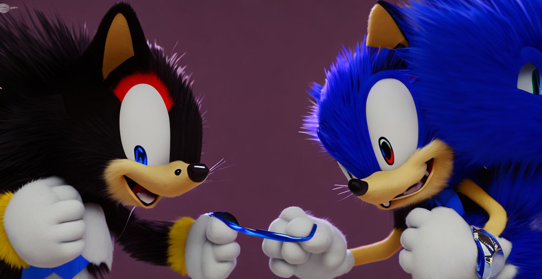 Two animated hedgehogs with different colors sharing a mischievous smile over a glowing blue item