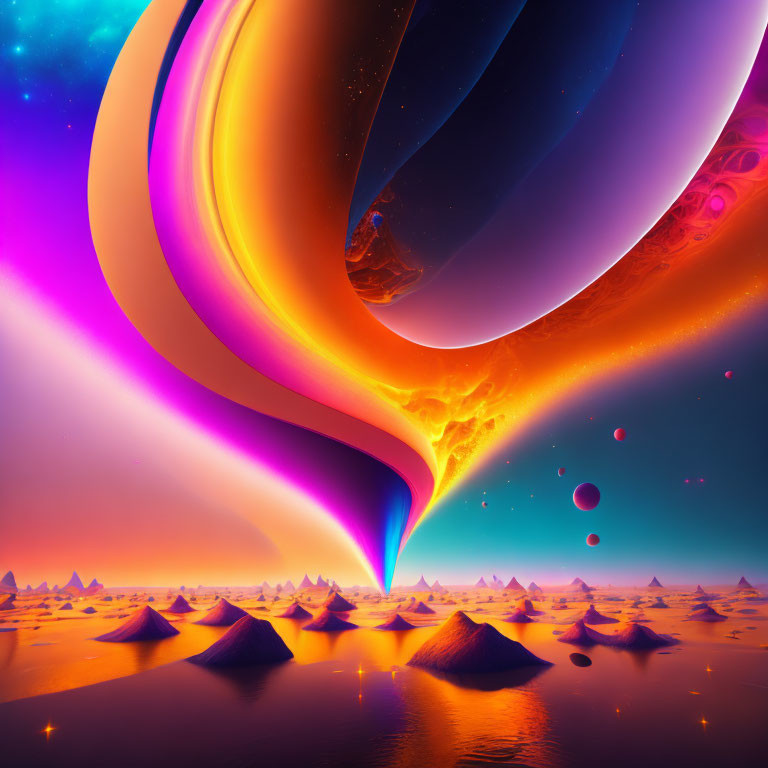 Vibrant surreal landscape with fiery vortex and pyramid structures