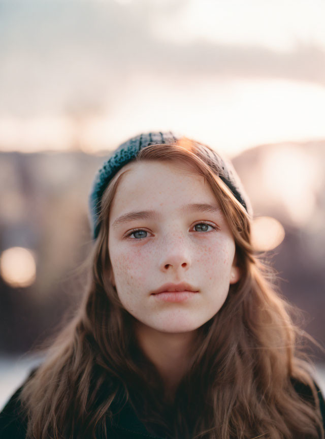 Young girl with freckles in beanie against sunset backdrop