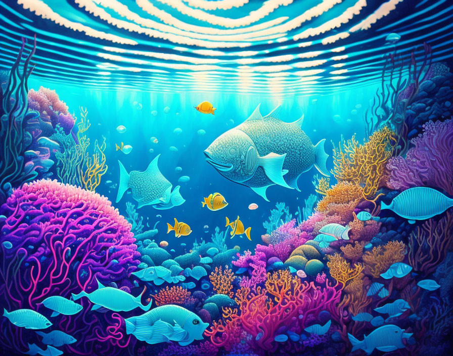 Colorful underwater scene with fish, corals, and sunbeams