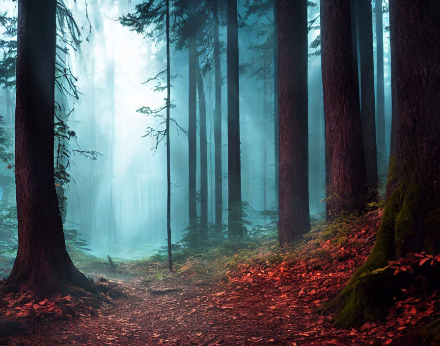 Misty Forest with Red Leaves and Towering Trees