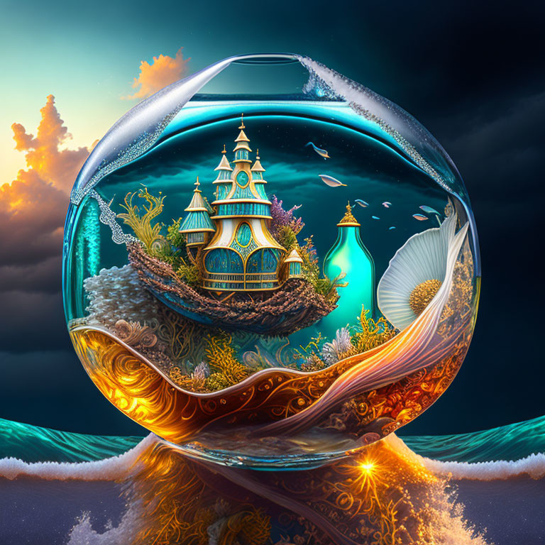 Vibrant marine life and whimsical castle in glass bowl artwork