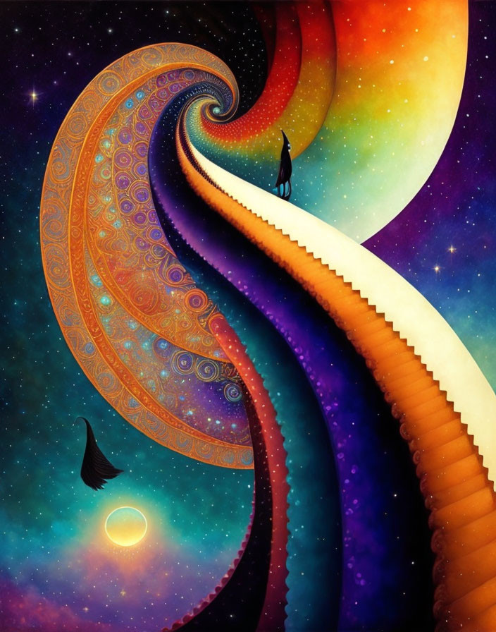 Colorful Surrealist Space Pathway with Figure and Bird Silhouette