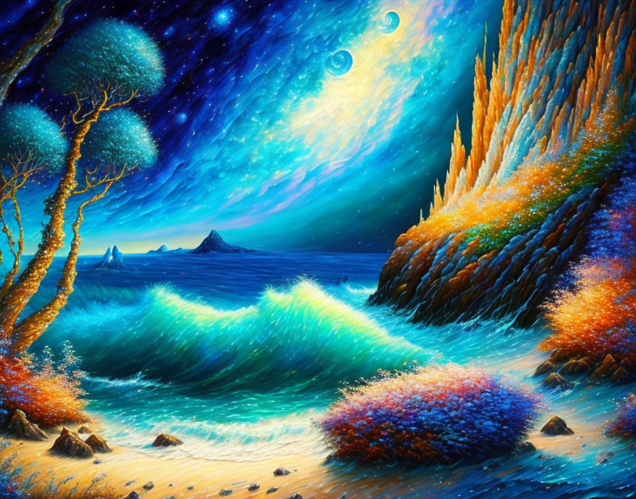 Colorful seascape painting with glowing waves and starry night sky.