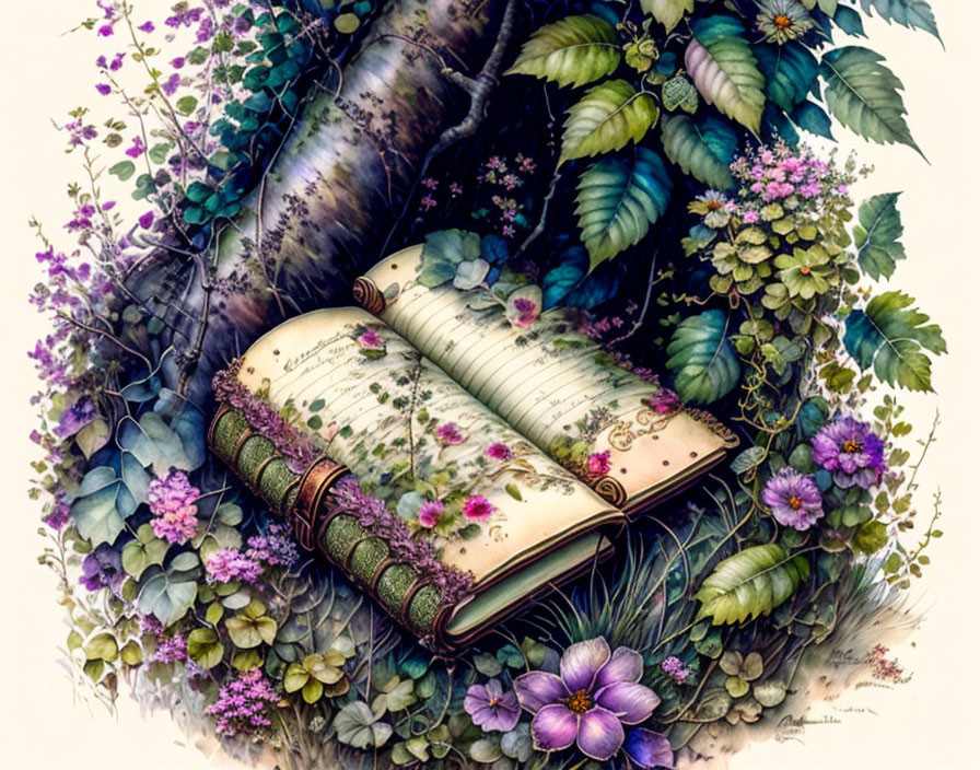 Illustrated book surrounded by flowers and foliage under a tree