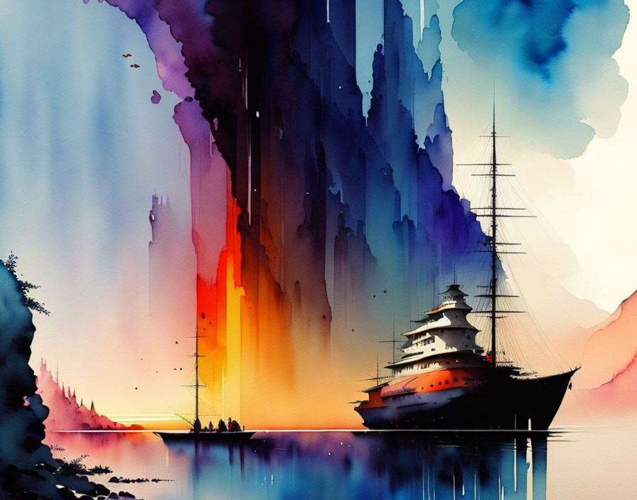 Colorful Watercolor Illustration of Ship on Calm Waters & Ethereal Cliffs