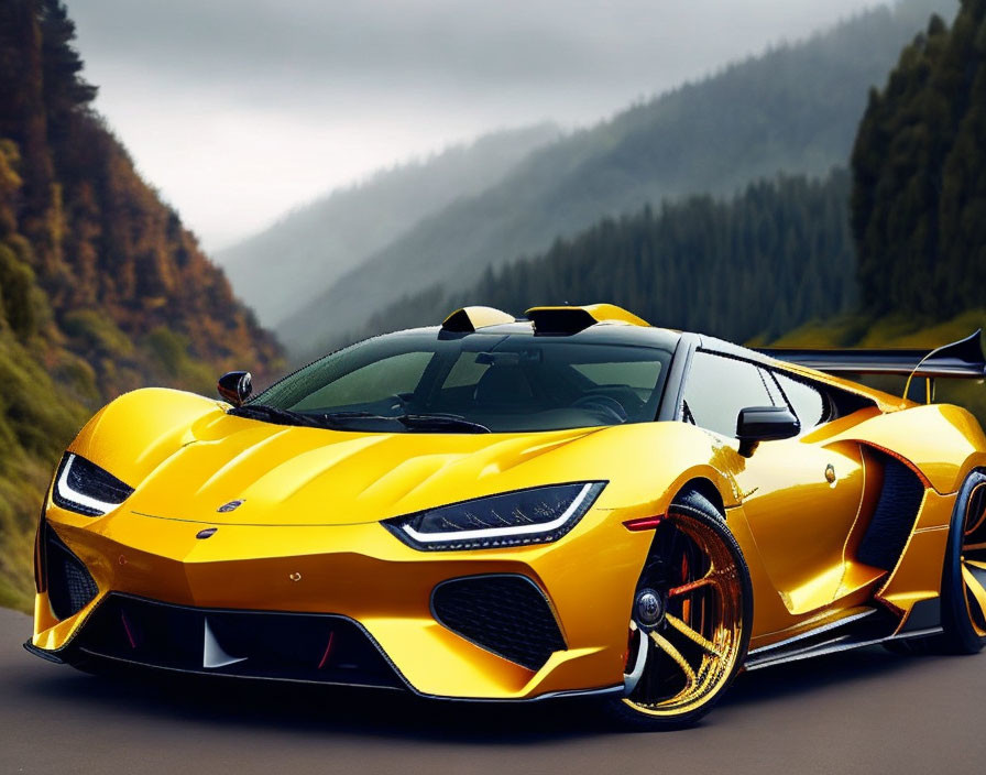 Bright Yellow Sports Car with Black Accents and Aerodynamic Design on Road with Mountain Backdrop