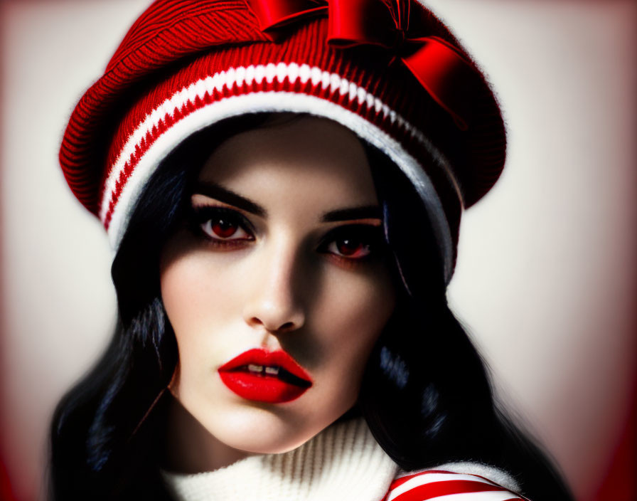 Woman in Red Lipstick and Striped Hat with Captivating Gaze