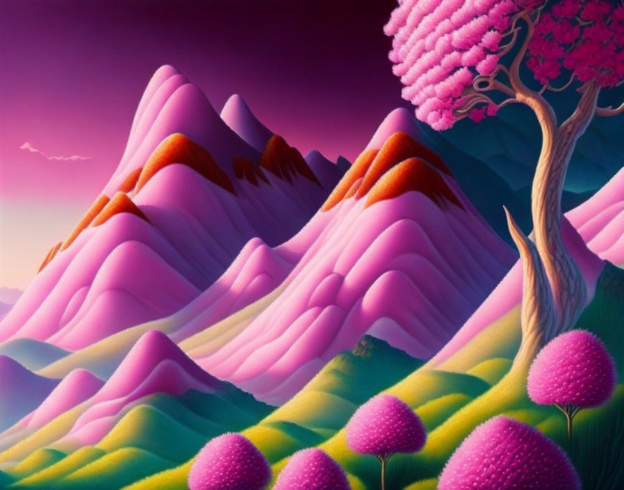 Surreal landscape with vibrant pink and purple hills under twilight sky