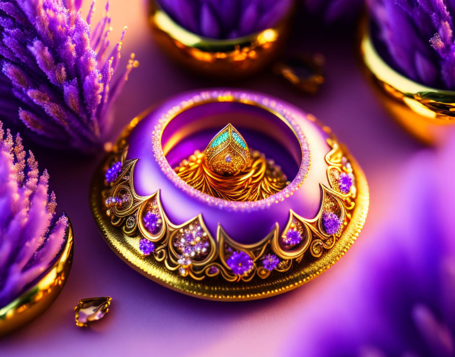 Detailed Close-Up of Gold Jewelry with Purple Accents and Gemstones Among Lavender Flowers