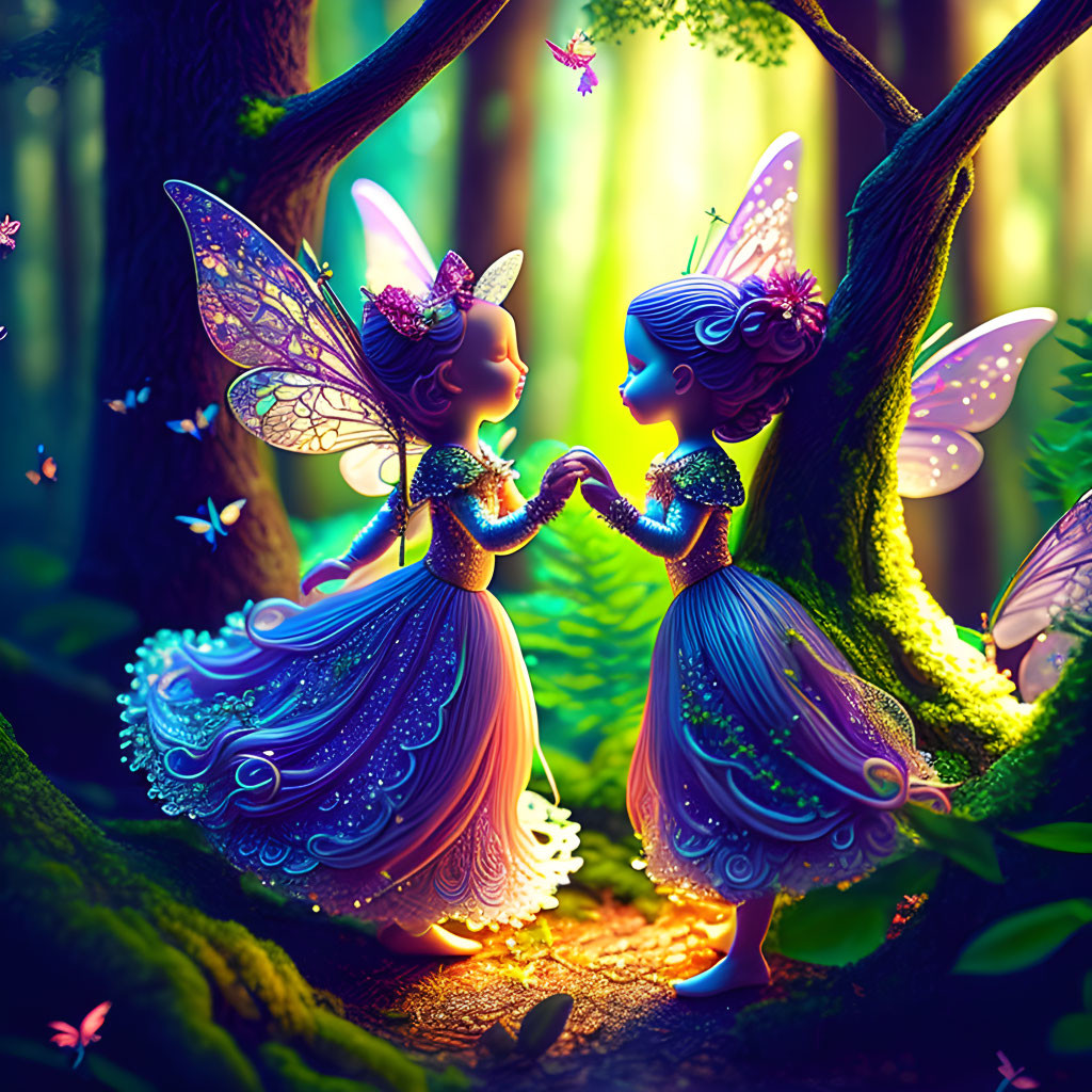 Enchanting fairies with iridescent wings in magical forest