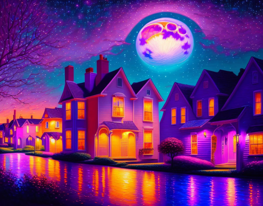 Colorful suburban street at night with glowing houses, moon, and starry sky