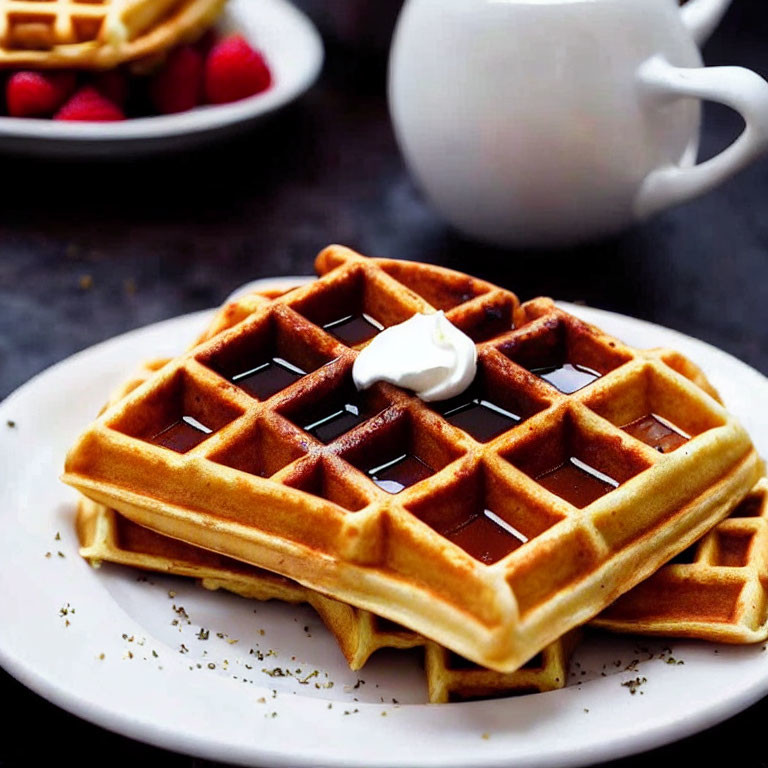 Golden-brown waffles with butter, syrup, raspberries, and a pitcher