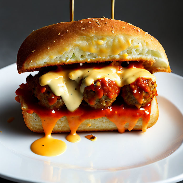 Sesame bun meatball sandwich with melted cheese and tomato sauce