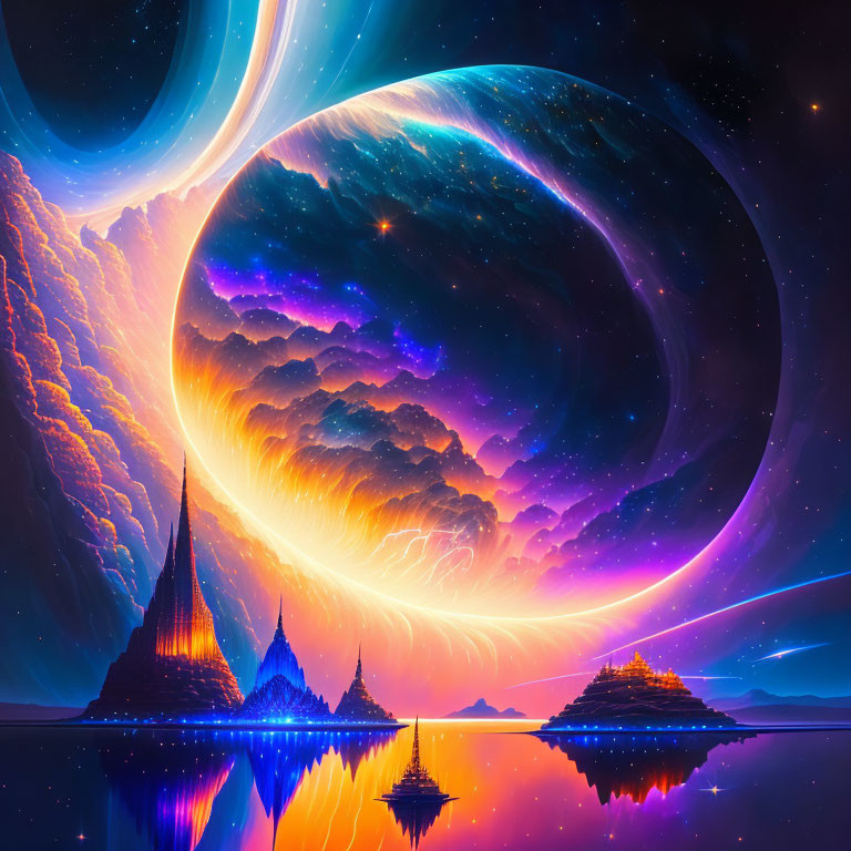 Fantasy landscape digital art with majestic spires and surreal celestial body