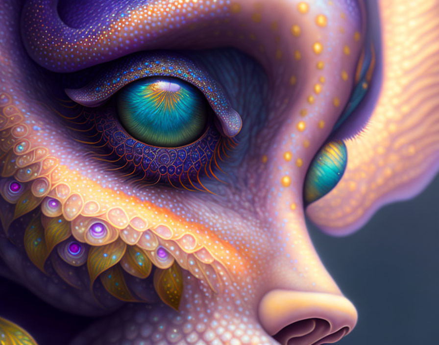 Vividly patterned surreal eye illustration with reptilian scales and peacock feathers