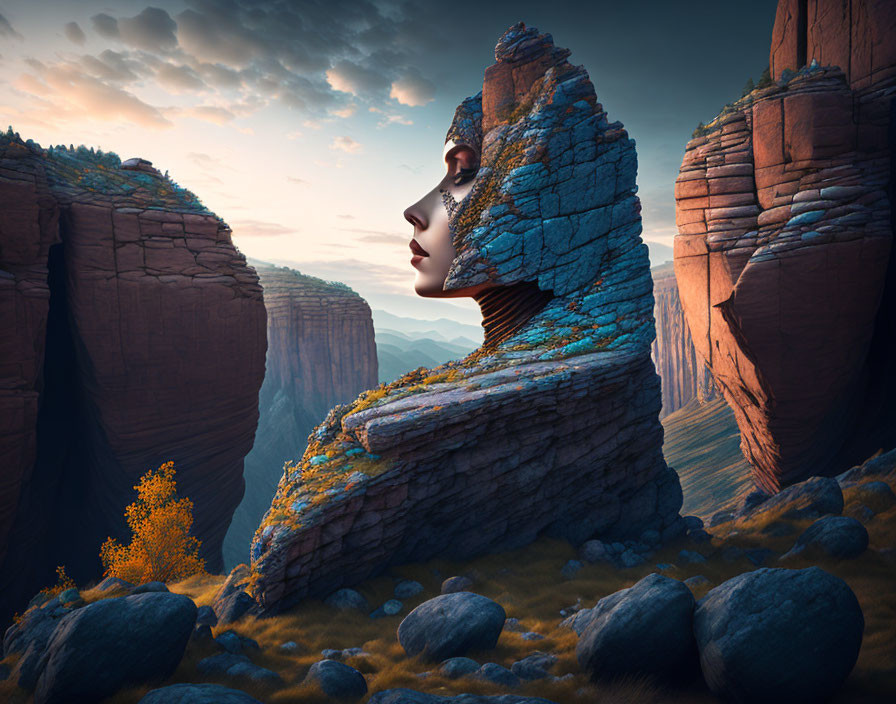 Surreal landscape with woman's face profile in rocky cliff amid serene canyon