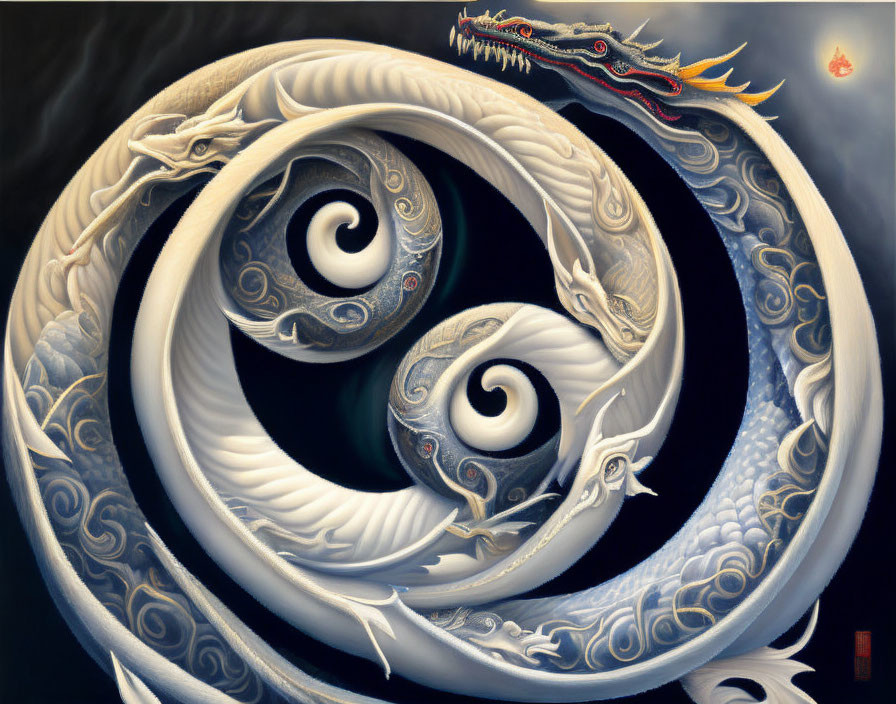 Stylized white and blue dragon with yin-yang symbol and red-crested head