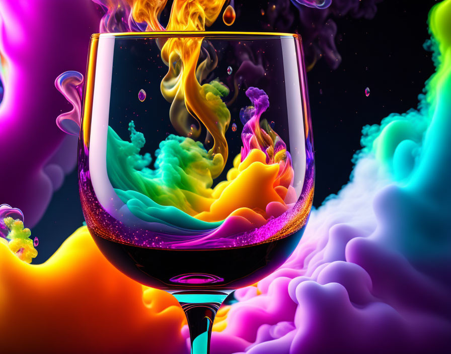 Colorful wine glass with swirling flame liquid in multicolored smoke