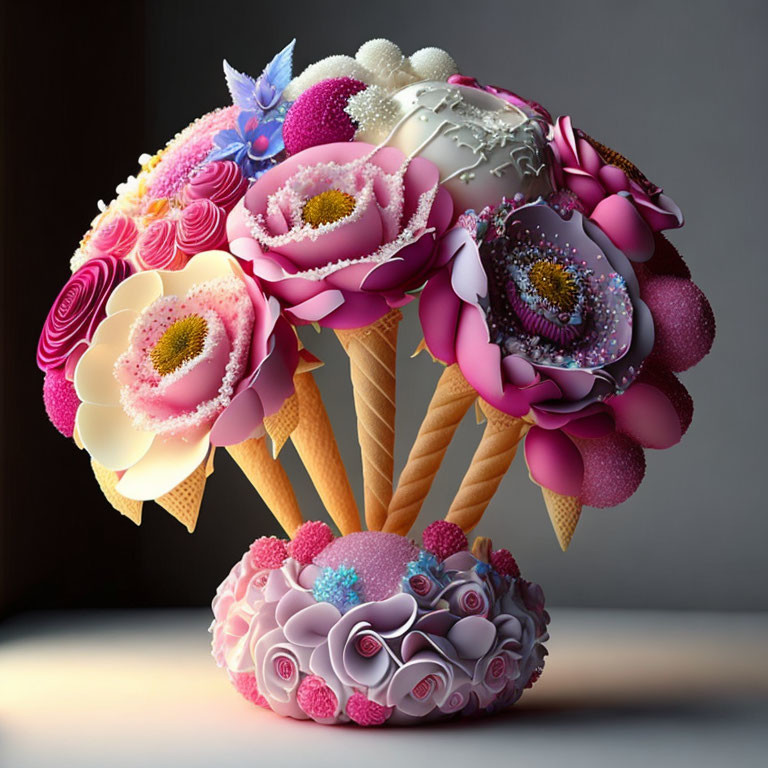 Colorful floral ice cream cones on dark background