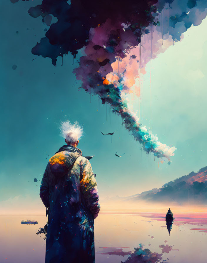 Colorful Paint-Splattered Jacket in Surreal Landscape