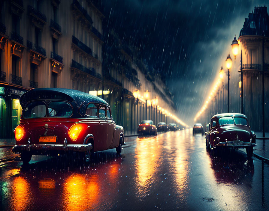 Classic Cars on Rainy Night Street with Glowing Lights