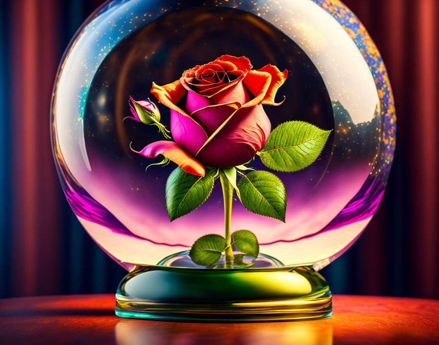 Red rose in crystal ball on cosmic backdrop with stars and wooden surface.