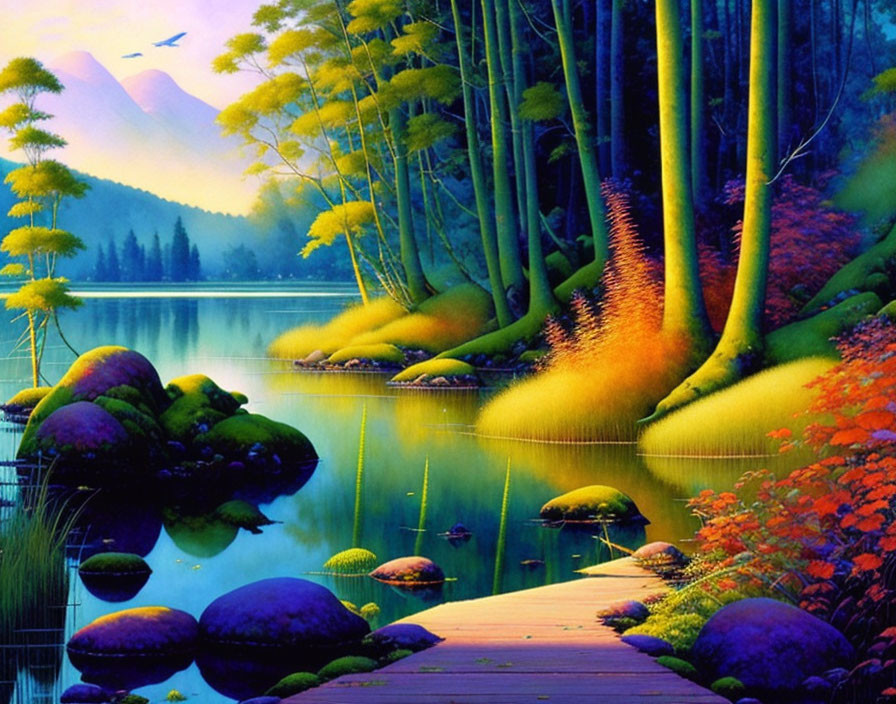 Serene forest illustration with lake, footpath, trees, and twilight sky