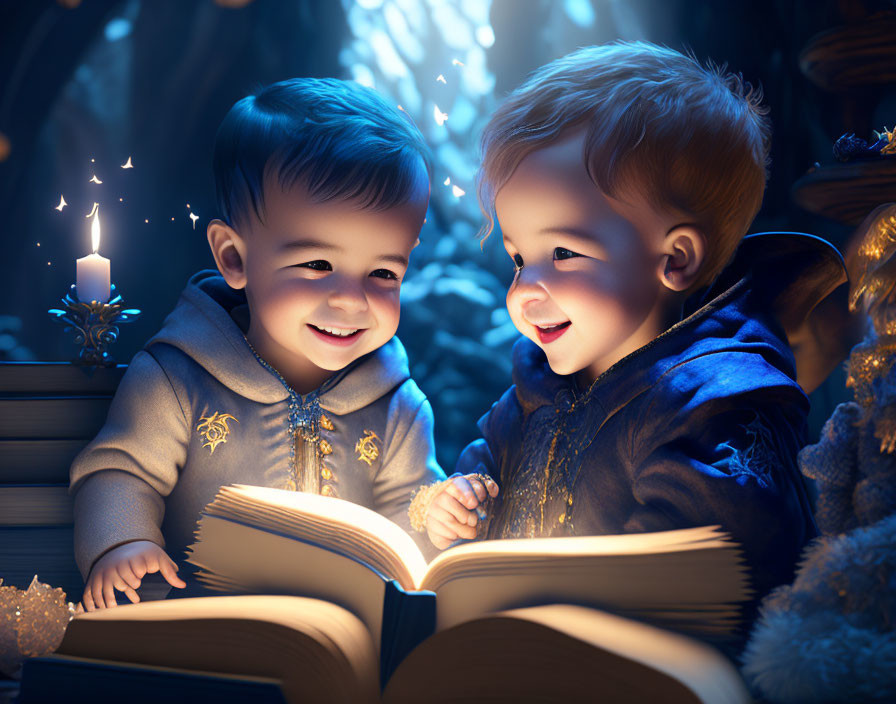 Enchanted toddlers with glowing book in whimsical candle-lit scene