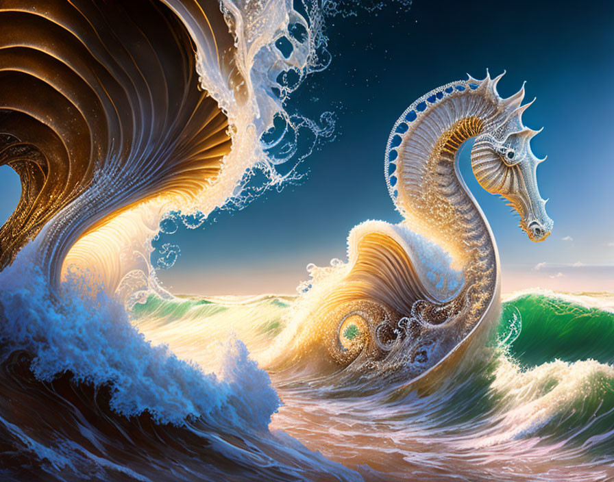 Seahorse and ocean wave merge in dramatic digital art