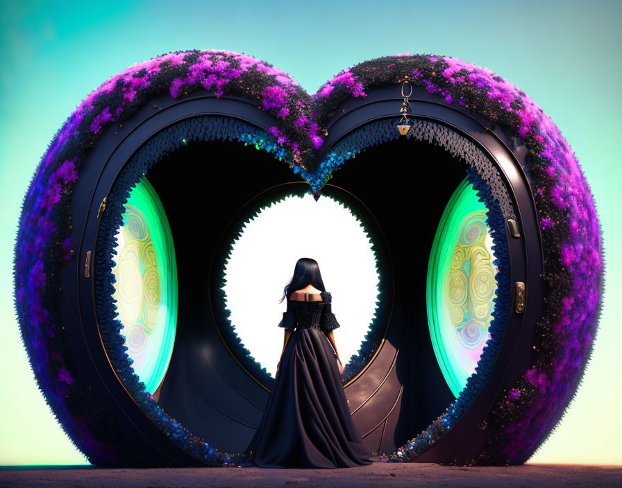 Woman standing before intricate heart-shaped portal with purple flowers under blue sky