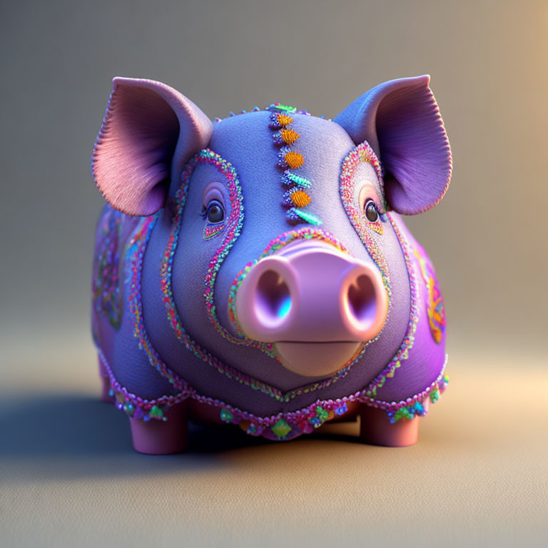 Colorful Floral Pattern Piggy Bank on Neutral Background