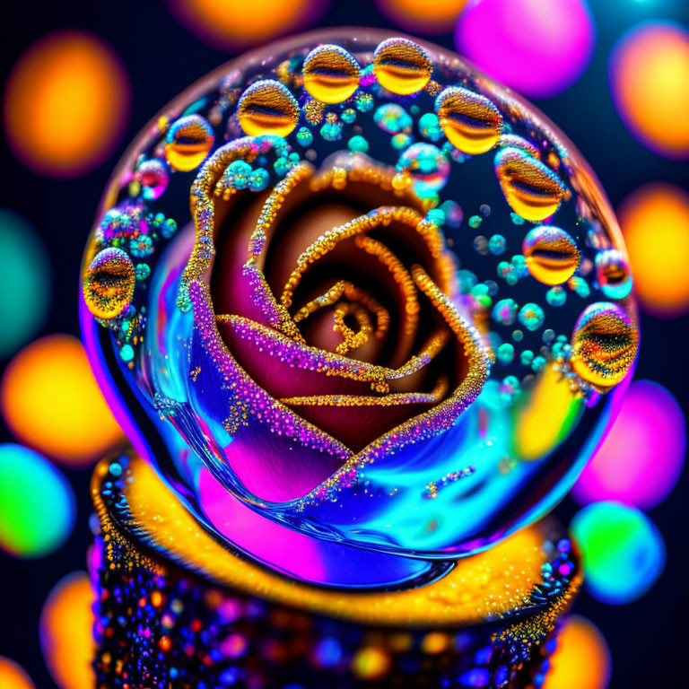 Close-up Rose in Water Droplet with Colorful Bokeh Background