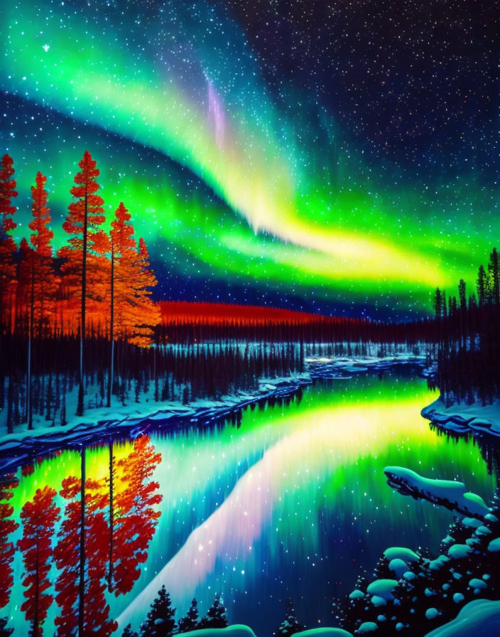 Majestic Aurora Borealis Over Snowy Landscape