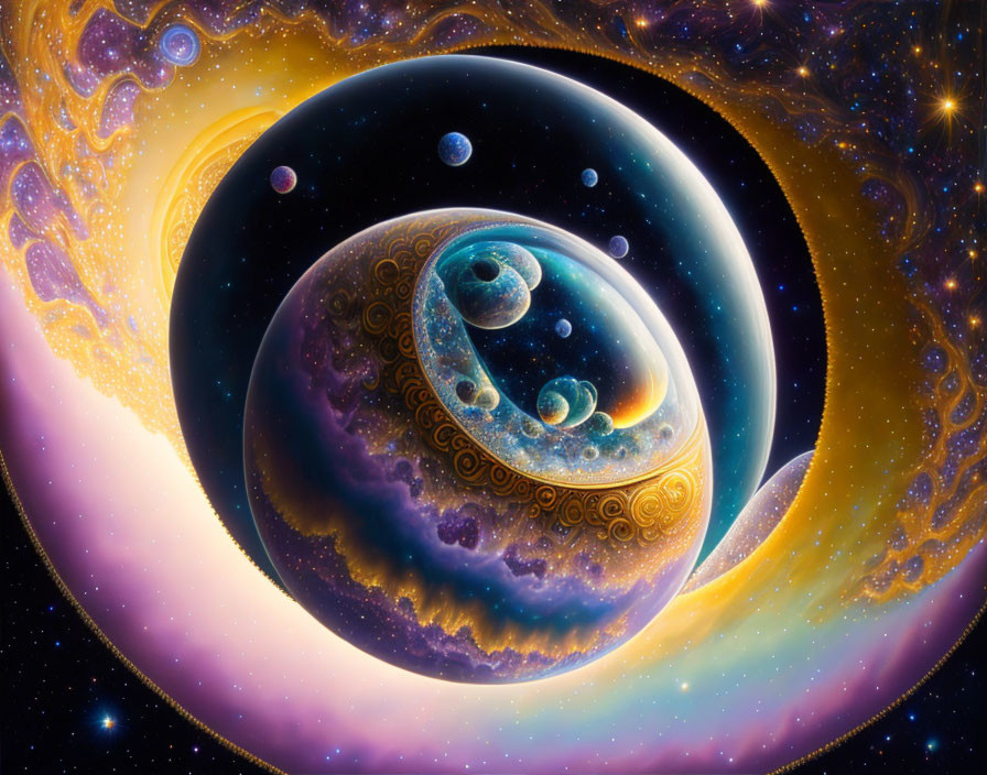 Vibrant surreal cosmic artwork with swirling galaxies and celestial bodies