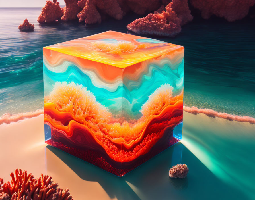 Colorful cubic art with oceanic layers on tranquil beach coral background