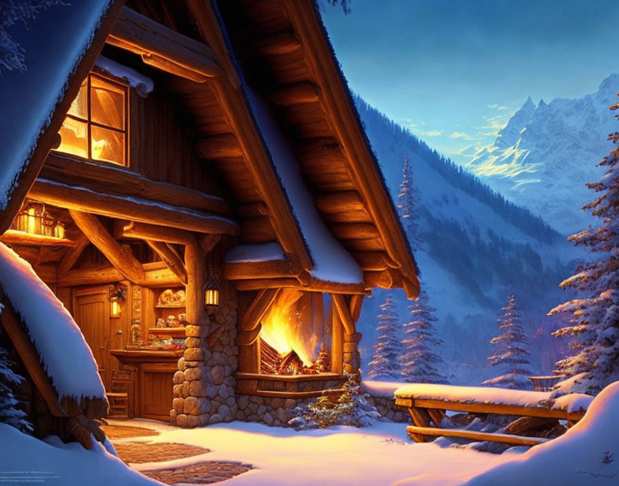 Snow-covered cabin at dusk with warm light, fireplace, alpine trees.