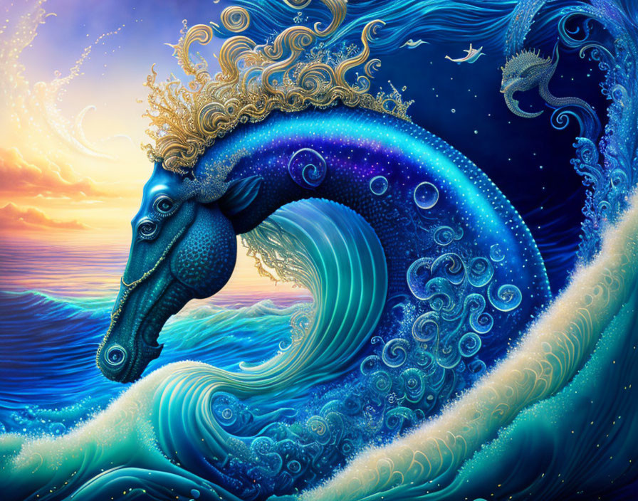 Colorful artwork: Majestic blue seahorse with golden crown in swirling wave under sunset sky