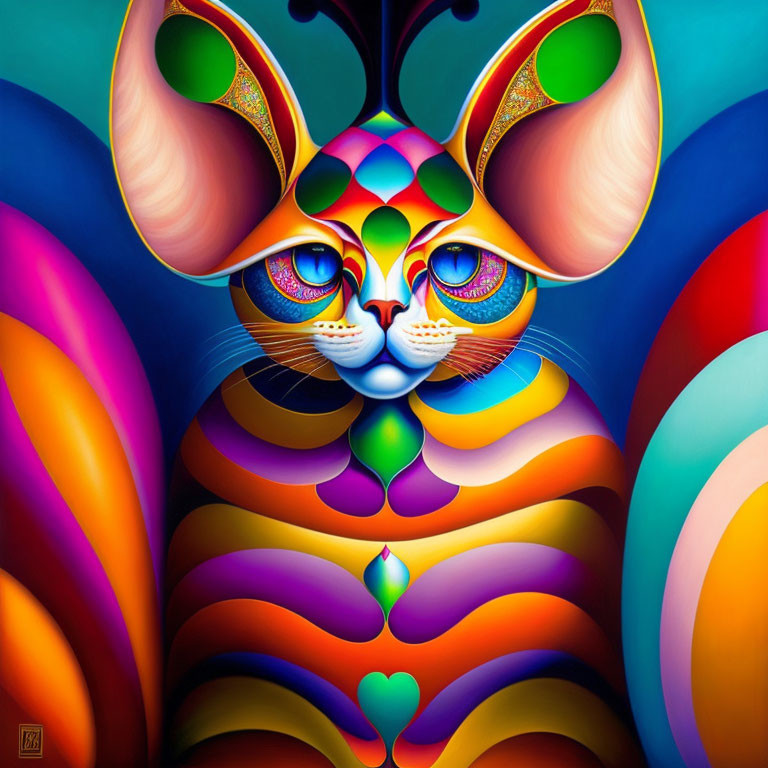 Colorful Stylized Cat Painting with Psychedelic Patterns