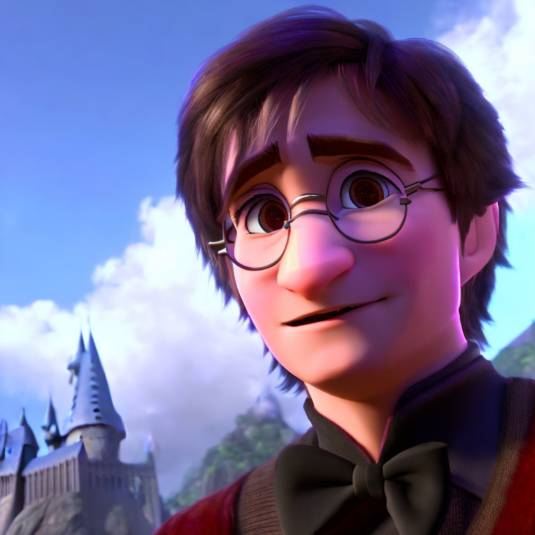 Smiling animated male character with glasses and bow tie in front of castle-like building