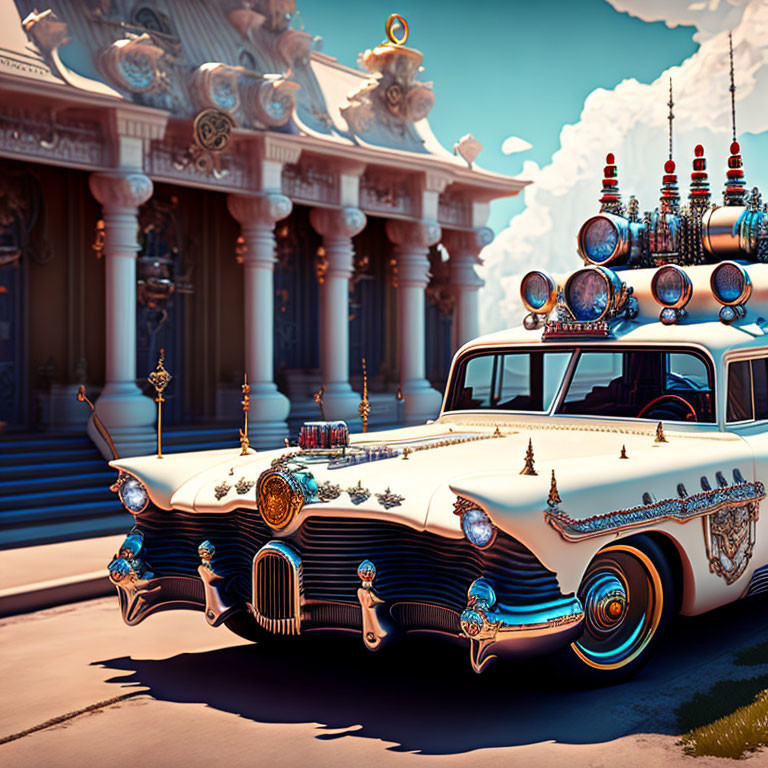 White retro-futuristic car parked in front of ornate classical building.