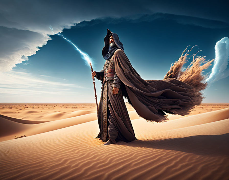 Robed Figure with Staff in Desert Under Dramatic Sky