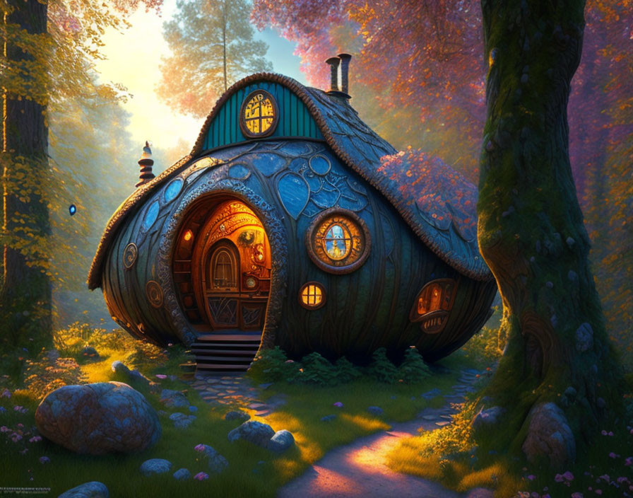 Whimsical woodland cottage with round doors and windows in magical forest