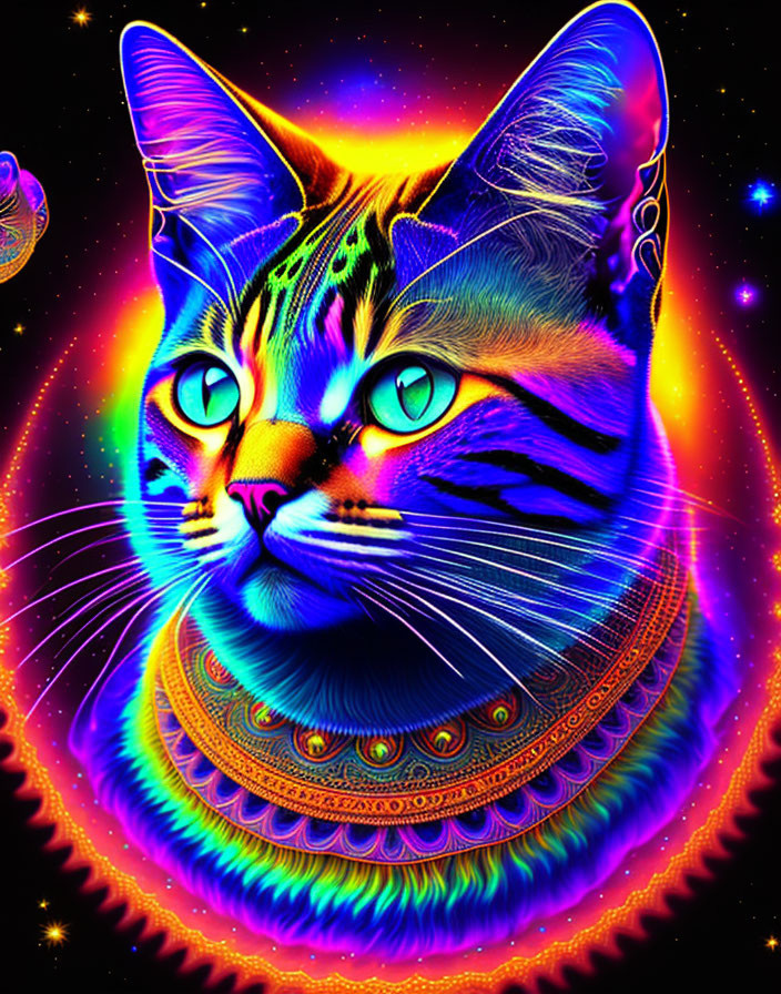 Colorful Cat Illustration with Neon Glow and Cosmic Theme