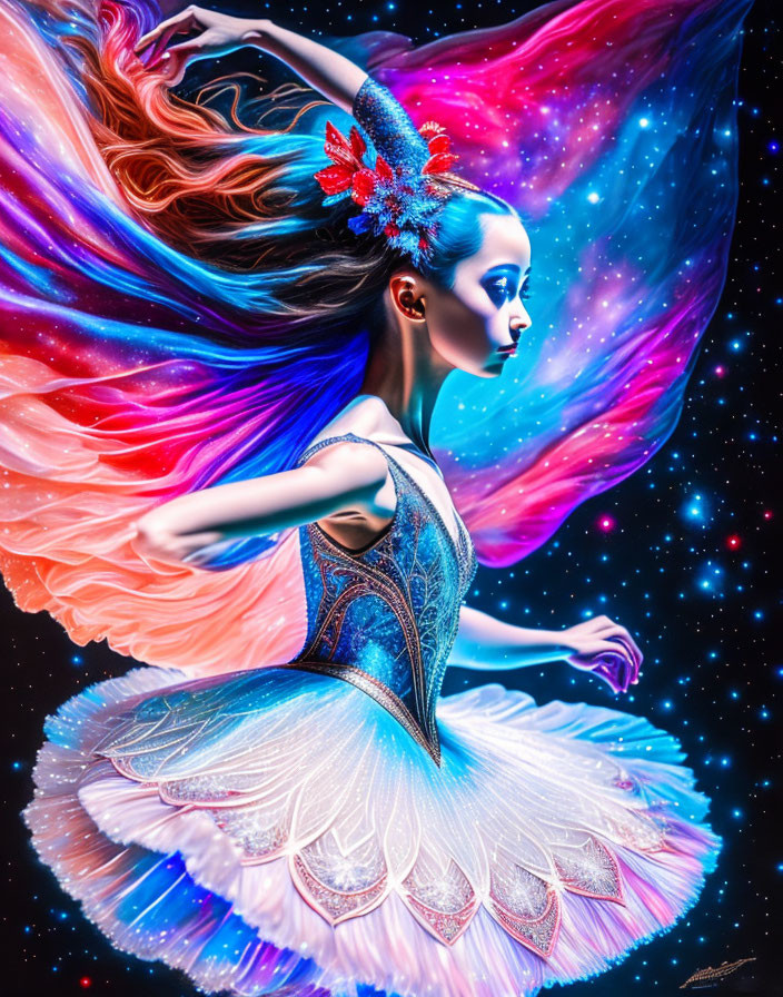 Colorful digital art of a dancer in tutu against cosmic backdrop